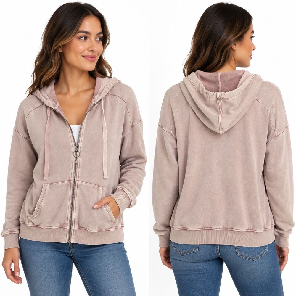 Lucky Brand Womens S/P Blush Pink Washed Full Zip Hoodie Boho Casual Sweatshirt